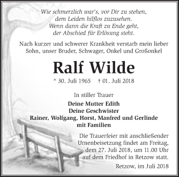 Traueranzeige von Ralf Wilde von Märkische Oderzeitung