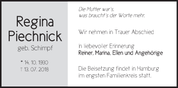 Traueranzeige von Regina Piechnick von Märkische Oderzeitung