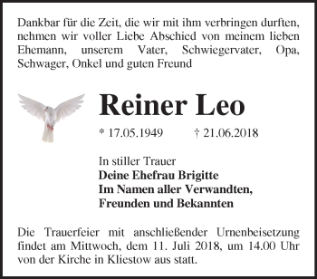 Traueranzeige von Reiner Leo von Märkische Oderzeitung