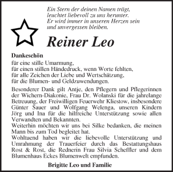 Traueranzeige von Reiner Leo von Märkische Oderzeitung