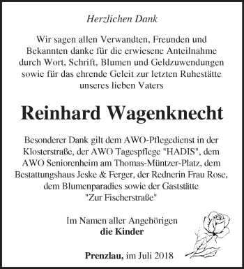 Traueranzeige von Reinhard Wagenknecht von Märkische Oderzeitung