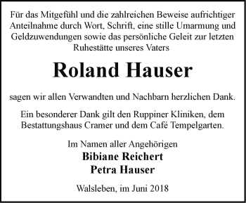 Traueranzeige von Roland Hauser von Märkische Oderzeitung