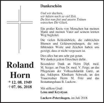 Traueranzeige von Roland Horn von Märkische Oderzeitung