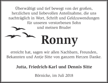 Traueranzeige von Ronny  von Märkische Oderzeitung