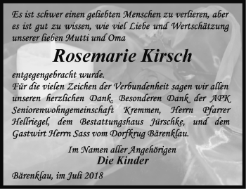 Traueranzeige von Rosemarie Kirsch von Märkische Oderzeitung