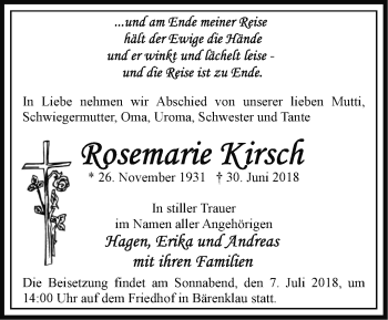 Traueranzeige von Rosemarie Kirsch von Märkische Oderzeitung