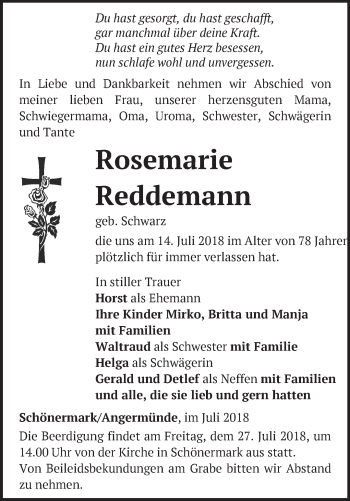 Traueranzeige von Rosemarie Reddemann von Märkische Oderzeitung