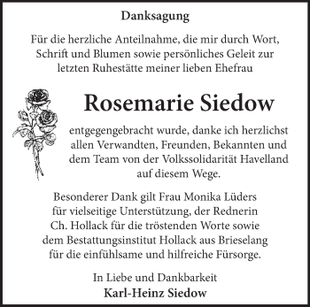 Traueranzeige von Rosemarie Siedow von Märkische Oderzeitung