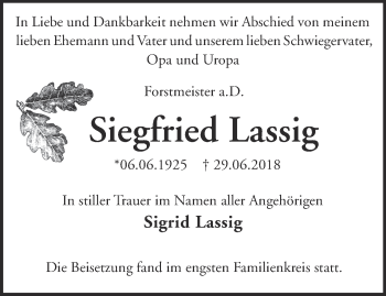 Traueranzeige von Siegfried Lassig von Märkische Oderzeitung