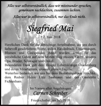 Traueranzeige von Siegfried Mai von Märkische Oderzeitung