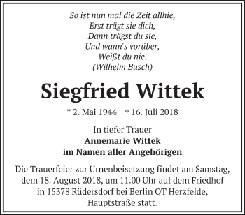 Traueranzeige von Siegfried Wittek von Märkische Oderzeitung