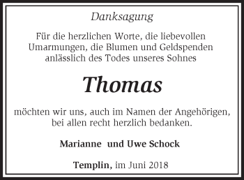 Traueranzeige von Thomas Schock von Märkische Oderzeitung