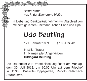 Traueranzeige von Udo Beutling von Märkische Oderzeitung