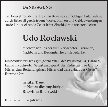 Traueranzeige von Udo Roclawski von Märkische Oderzeitung