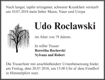 Traueranzeige von Udo Roclawski von Märkische Oderzeitung