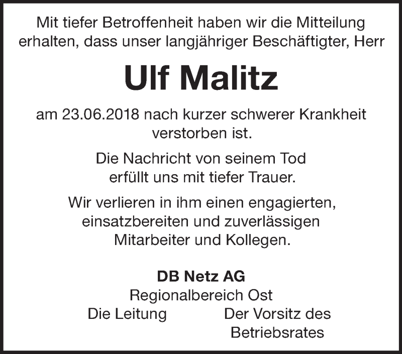  Traueranzeige für Ulf Malitz vom 13.07.2018 aus Märkische Oderzeitung