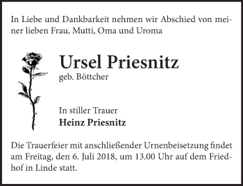 Traueranzeige von Ursel Priesnitz von Märkische Oderzeitung