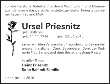 Traueranzeige von Ursel Priesnitz von Märkische Oderzeitung