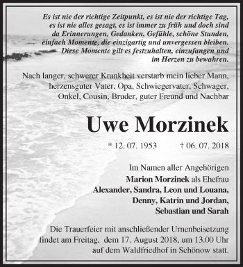 Traueranzeige von Uwe Morzinek von Märkische Oderzeitung