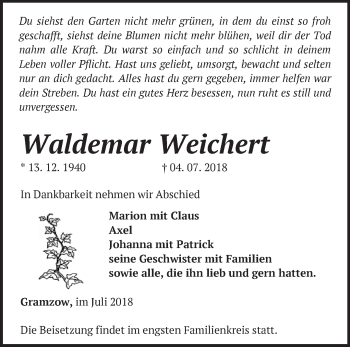 Traueranzeige von Waldemar Weichen von Märkische Oderzeitung