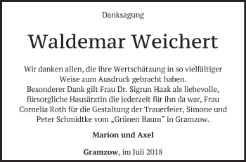 Traueranzeige von Waldemar Weichert von Märkische Oderzeitung