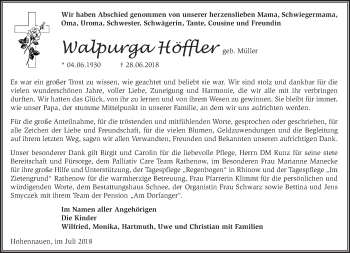 Traueranzeige von Walpurga Höffler von Märkische Oderzeitung