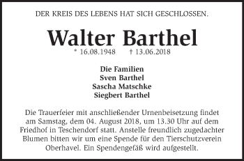 Traueranzeige von Walter Barthel von Märkische Oderzeitung