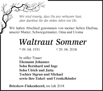 Traueranzeige von Waltraut Sommer von Märkische Oderzeitung