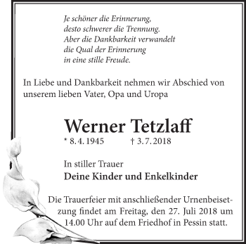 Traueranzeige von Werner Tetzlaff von Märkische Oderzeitung