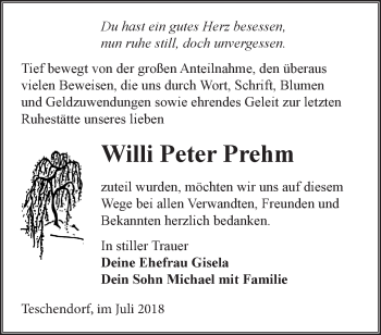 Traueranzeige von Willi Peter Prehm von Märkische Oderzeitung