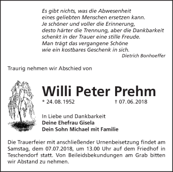 Traueranzeige von Willi Peter Prehm von Märkische Oderzeitung