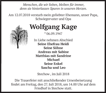 Traueranzeige von Wolfgang Kage von Märkische Oderzeitung