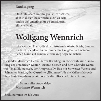 Traueranzeige von Wolfgang Wennrich von Märkische Oderzeitung