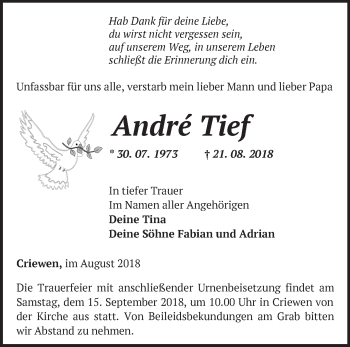 Traueranzeige von Andre Tief von Märkische Oderzeitung