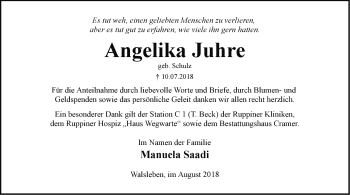 Traueranzeige von Angelika Juhre von Märkische Oderzeitung