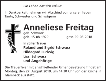 Traueranzeige von Anneliese Freitag von Märkische Oderzeitung