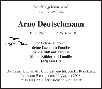 Traueranzeige von Arno Deutschmann von Märkische Oderzeitung