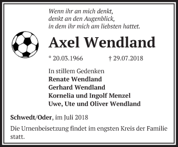 Traueranzeige von Axel Wendland von Märkische Oderzeitung