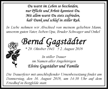 Traueranzeige von Bernd Gagstädter von Märkische Oderzeitung