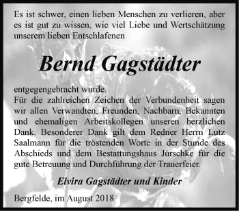 Traueranzeige von Bernd Gagstädter von Märkische Oderzeitung