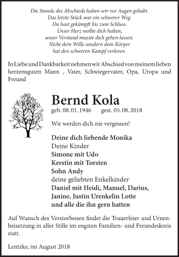 Traueranzeige von Bernd Kola von Märkische Oderzeitung