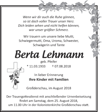 Traueranzeige von Berta Lehmann von Märkische Oderzeitung