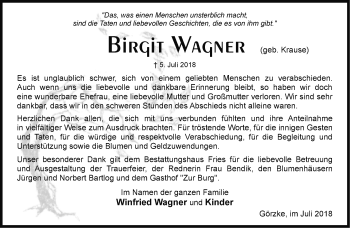 Traueranzeige von Birgit Wagner von Märkische Oderzeitung