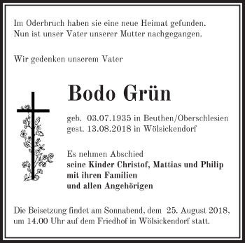 Traueranzeige von Bodo Grün von Märkische Oderzeitung