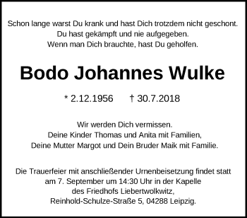 Traueranzeige von Bodo Johannes Wulke von Märkische Oderzeitung