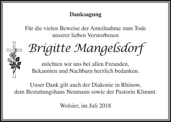 Traueranzeige von Brigitte Mangelsdorf von Märkische Oderzeitung