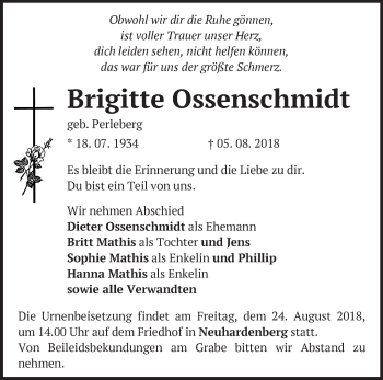 Traueranzeige von Brigitte Ossenschmidt von Märkische Oderzeitung