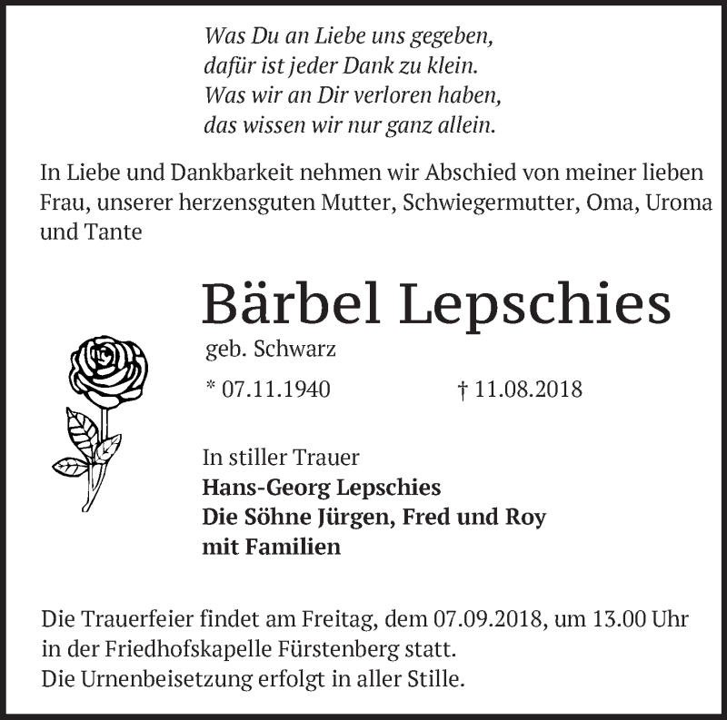  Traueranzeige für Bärbel Lepschies vom 18.08.2018 aus Märkische Oderzeitung