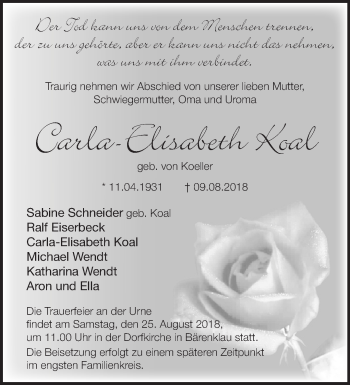 Traueranzeige von Carla-Elisabeth Koal von Märkische Oderzeitung