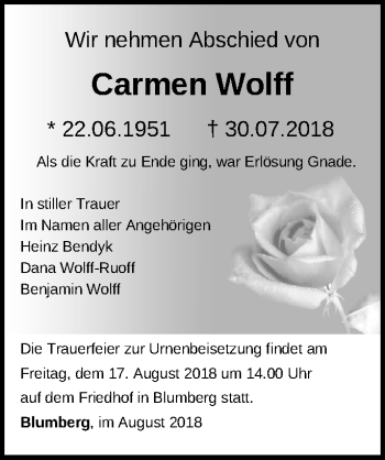 Traueranzeige von Carmen Wolff von Märkische Oderzeitung